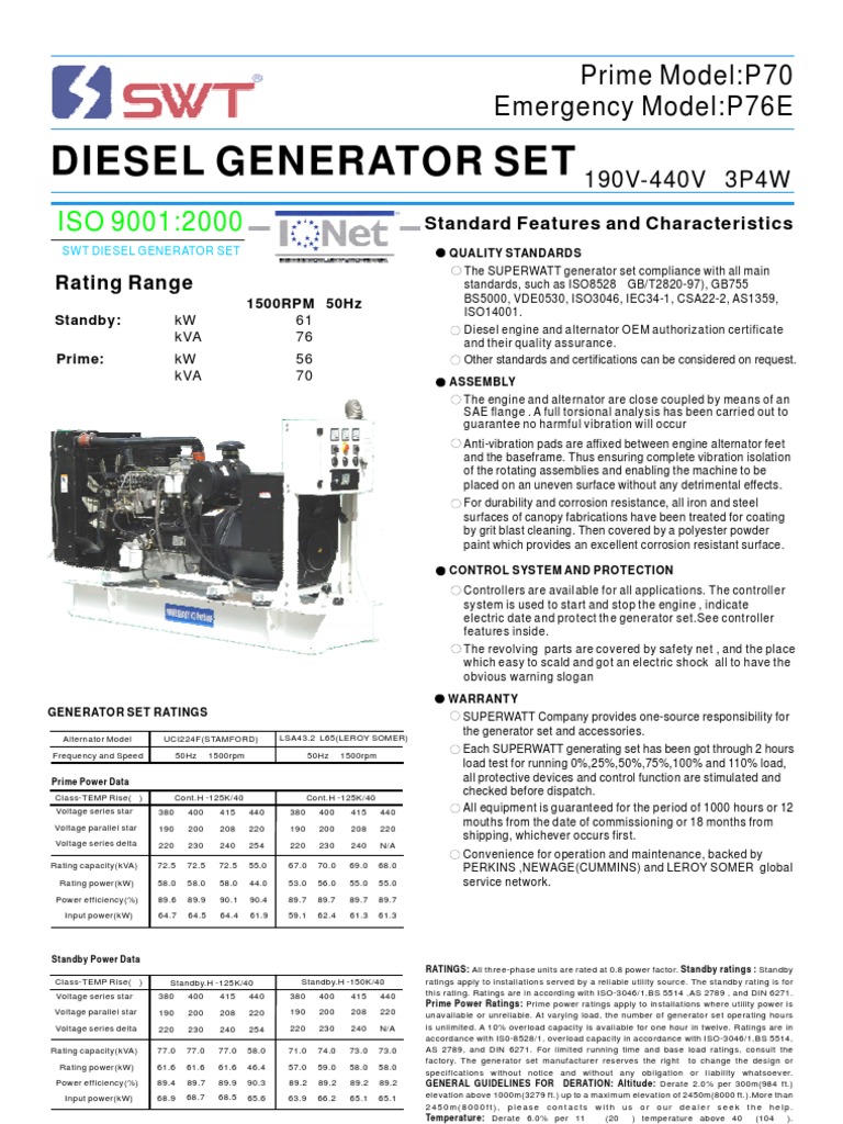 Specification Sheet for 190V440V Diesel Generator Set with Prime and