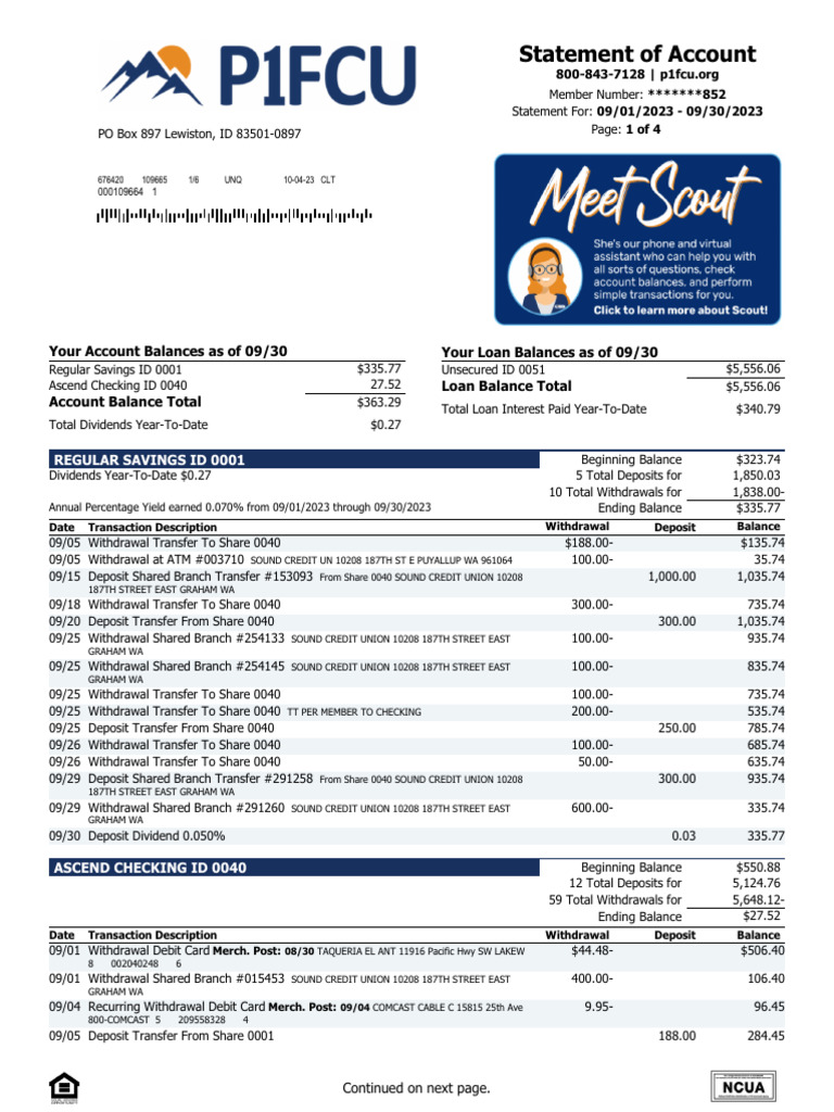 P1FCU September 2023 Account Statement | PDF | Debit Card | Interest