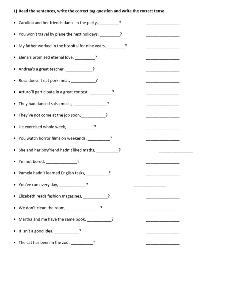 You Won't Tra: 1) Read The Sentences, Write The Correct Tag Question ...