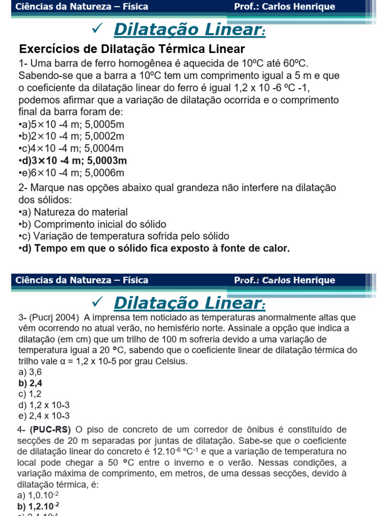 Exercícios de Dilatação Térmica Linear | PDF | Expansão térmica ...