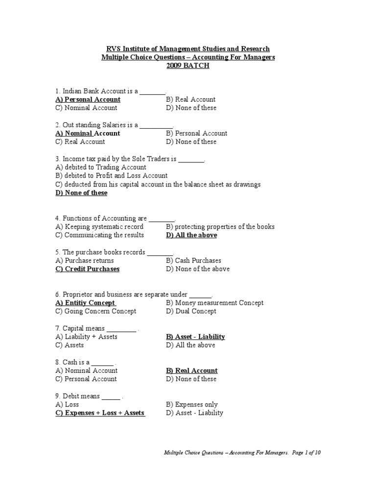 Accounting for Managers MCQs | PDF | Debits And Credits | Income Statement