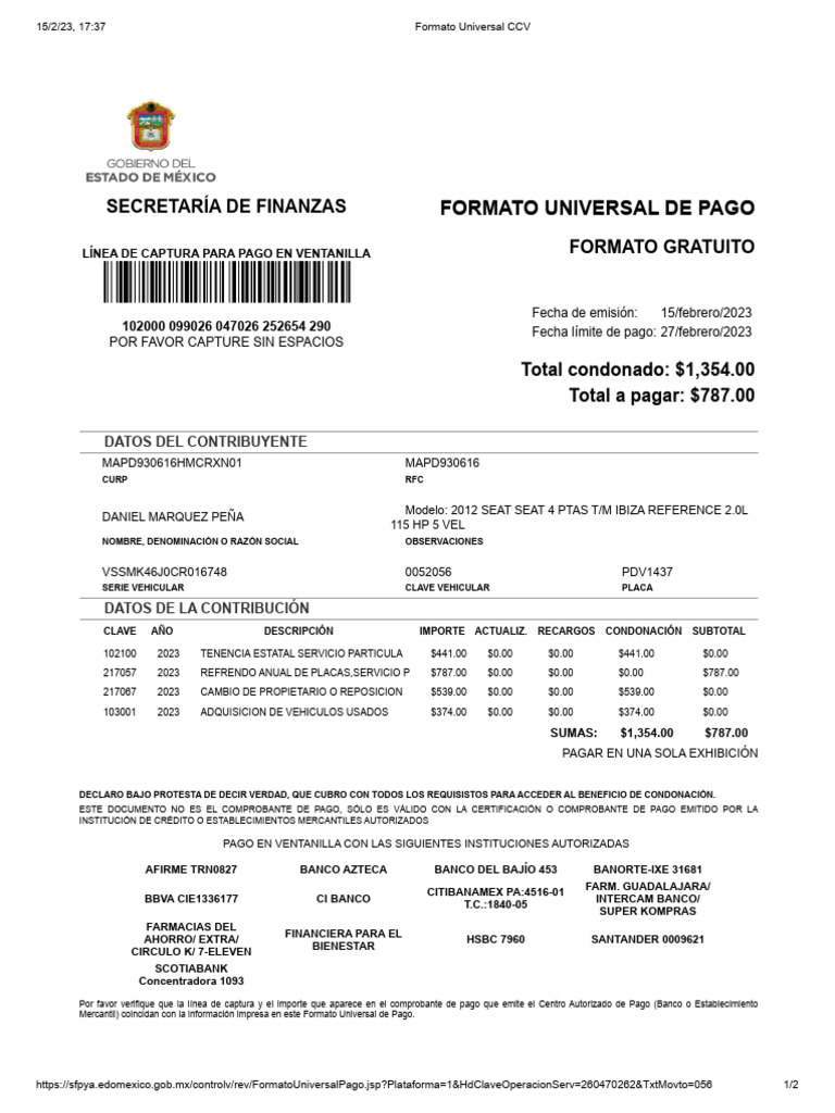Formato de Pago Daniel Marquez | PDF | Bancos | Finanzas personales