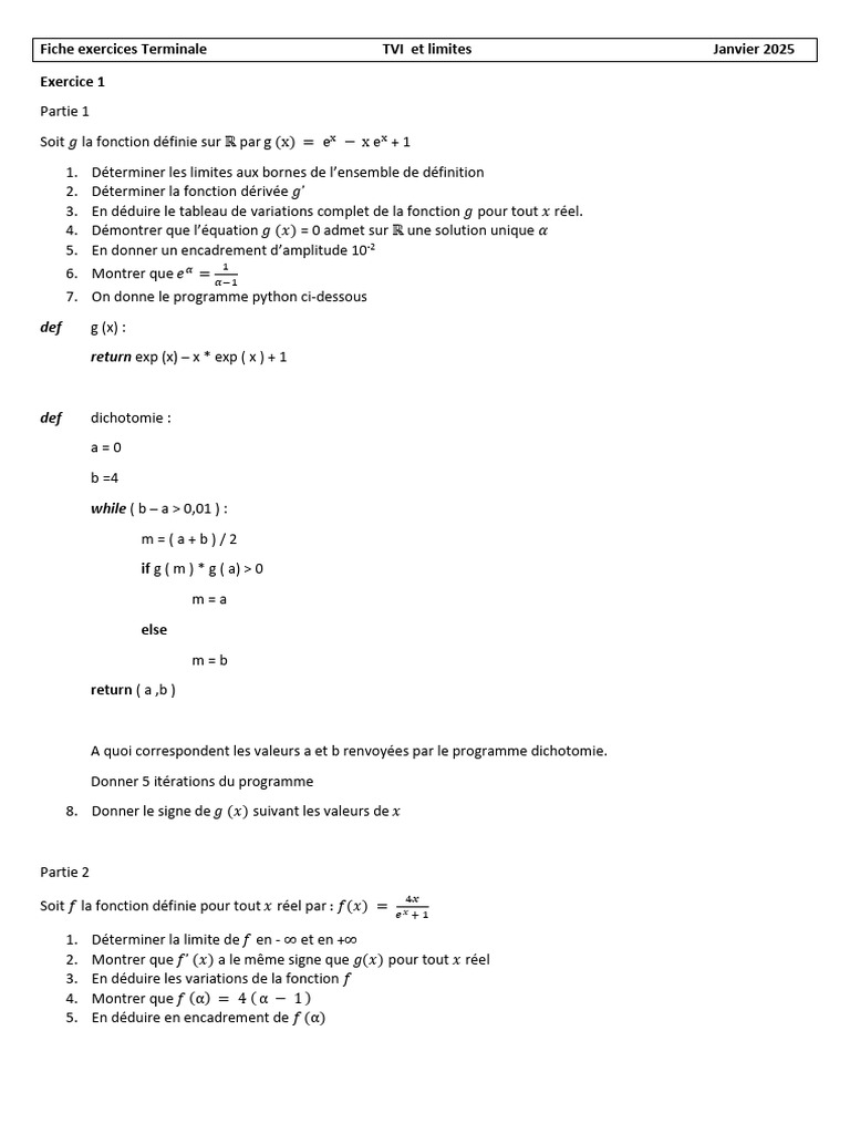 Exercice sur la fonction g et dichotomie | PDF