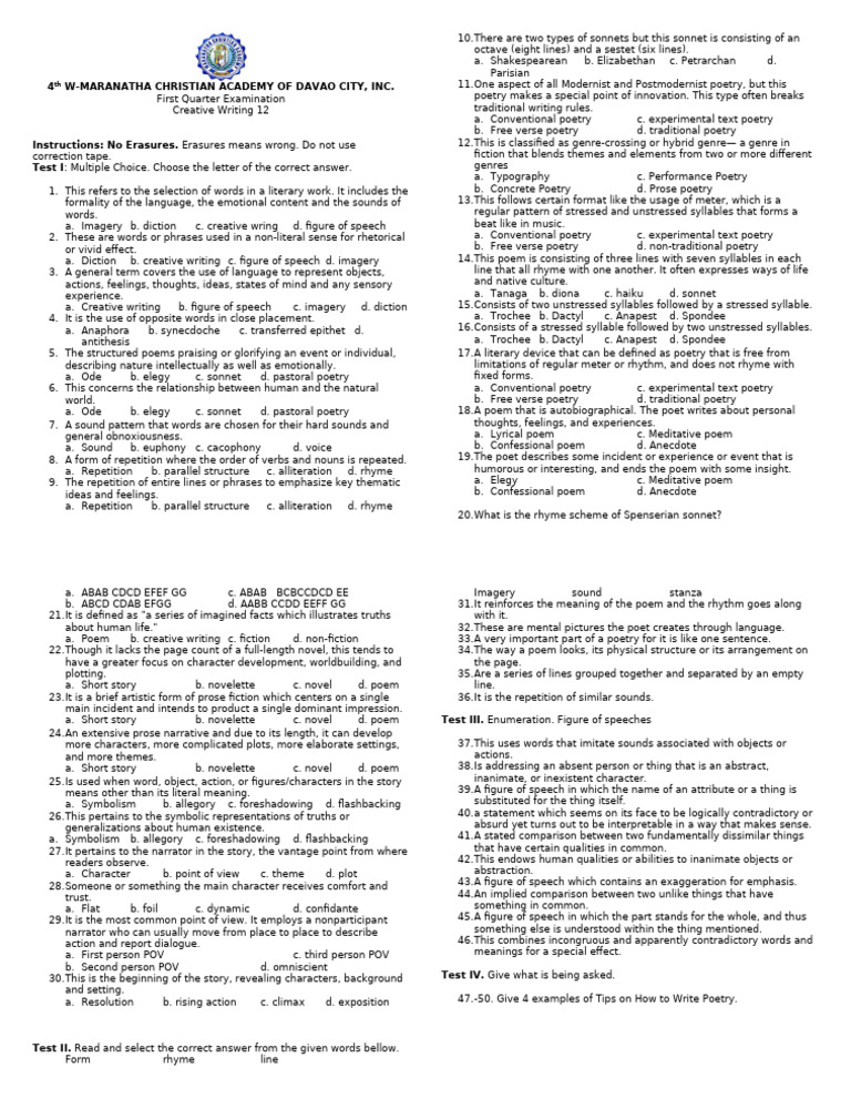 1st Quarter Exam Creative Writing | PDF | Poetry | Narration