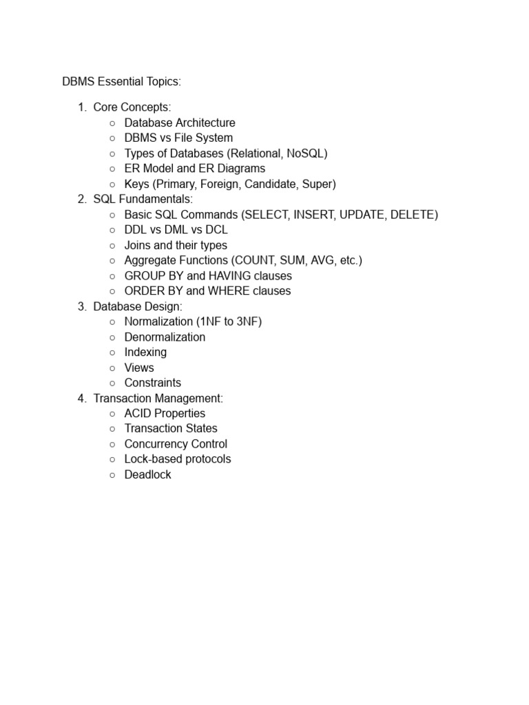 Essential Topics To Cover | PDF | Databases | Method (Computer Programming)