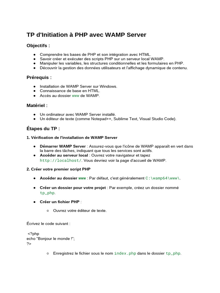 TP d'Initiation à PHP avec WAMP Server | PDF | PHP | Internet