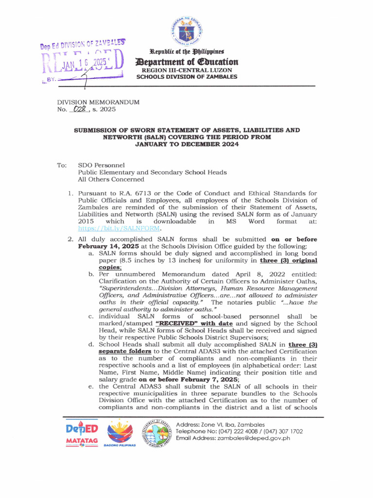 DM No. 028 S. 2025 Submission of Sworn Statement of Assets Liabilities ...