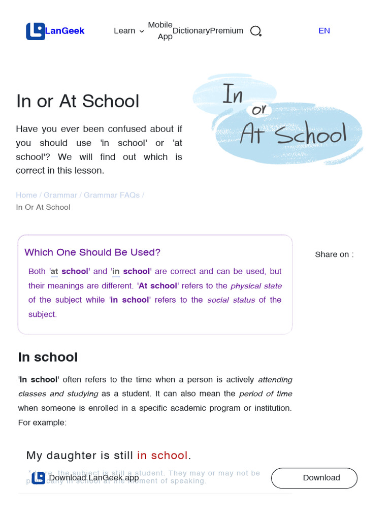 In vs. At School: Grammar Guide | PDF