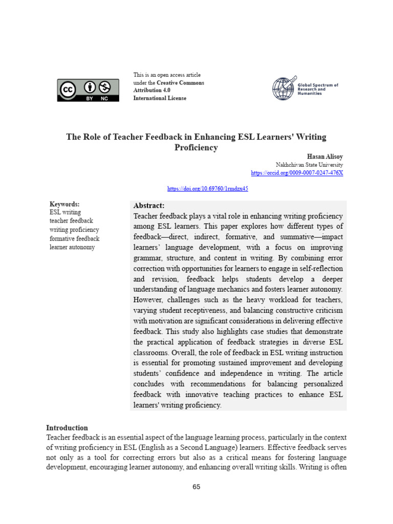 Enhancing ESL Writing through Teacher Feedback | PDF | English As A ...