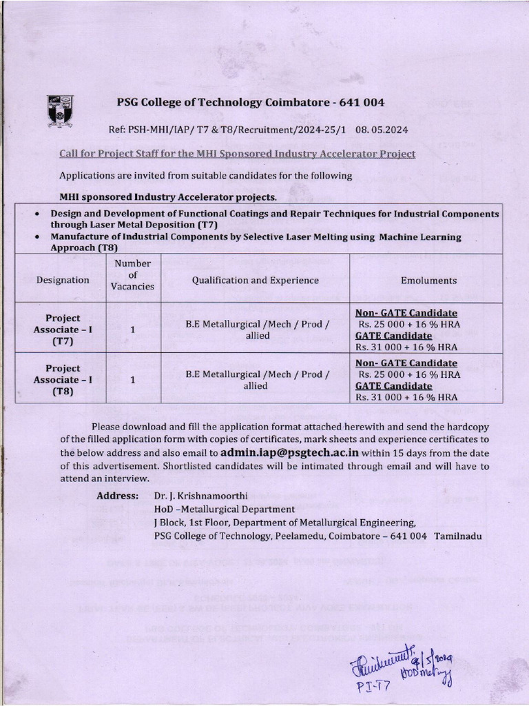 PSG TECH Dept of Metallurgical Engg Project Associate Recruitment May ...