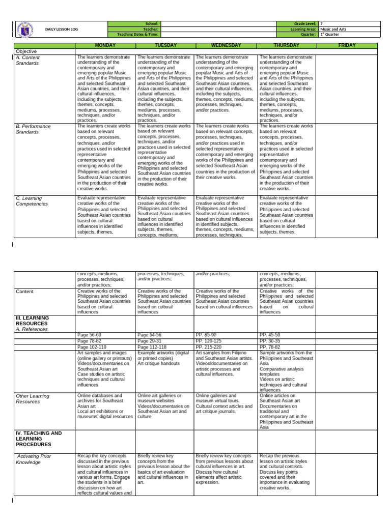 7th Grade Music and Arts Lesson Plan | PDF | Puppetry | The Arts