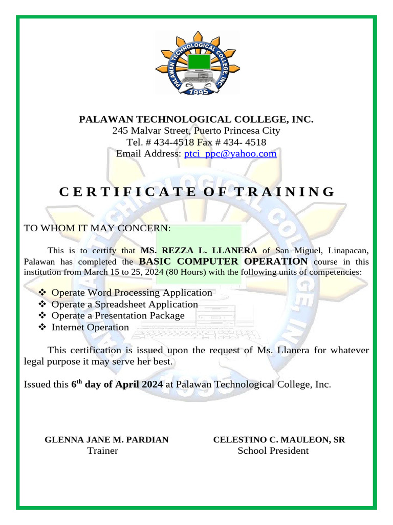 Certificate of Training in Computer Operations | PDF