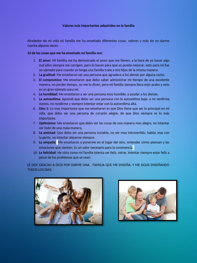 Valores Más Importantes Adquiridos en La Familia | PDF