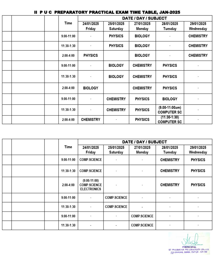 II PUC Practical Exam Schedule Jan 2025 | PDF | Physical Sciences
