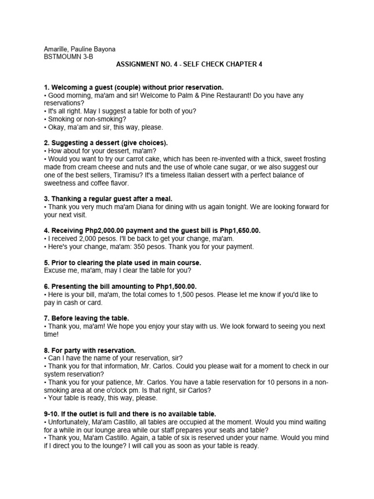 Restaurant Guest Service Scenarios | PDF