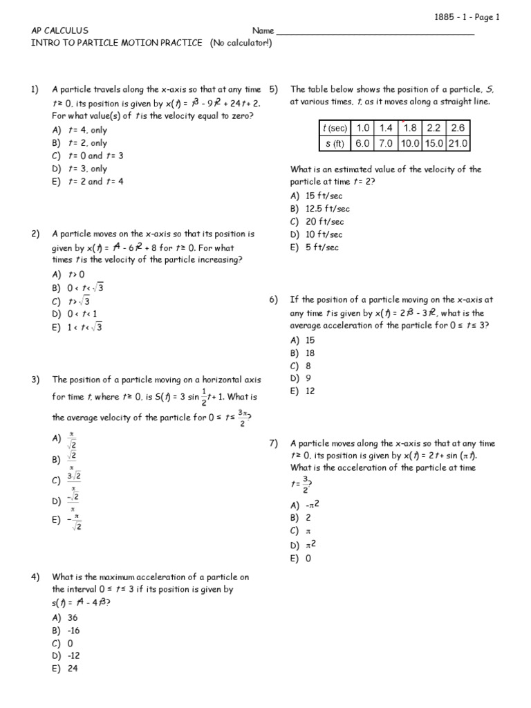 AP Calculus Particle Motion Practice | PDF | Acceleration | Velocity
