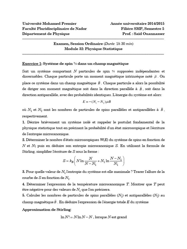 Examen de Physique Statistique 2014-2016 | PDF | Mécanique statistique ...