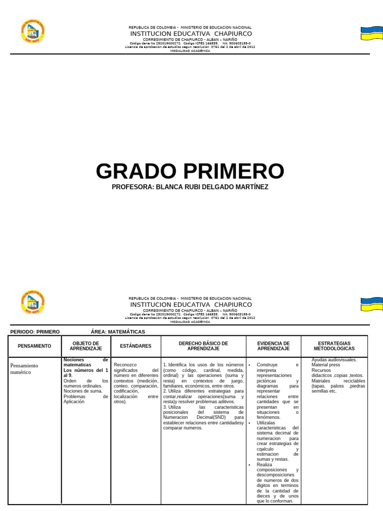 Plan de Estudios de Matemáticas 1° Grado | PDF | Sustracción | Geometría