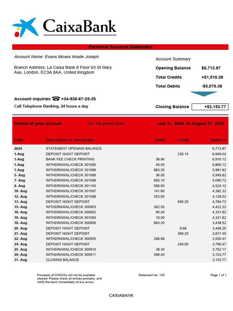 CaixaBank Personal Account Statement | PDF | Banks | Debits And Credits