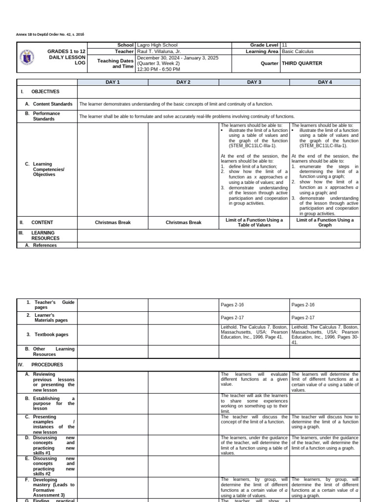 Daily Lesson Log: Basic Calculus Limits | PDF | Function (Mathematics ...