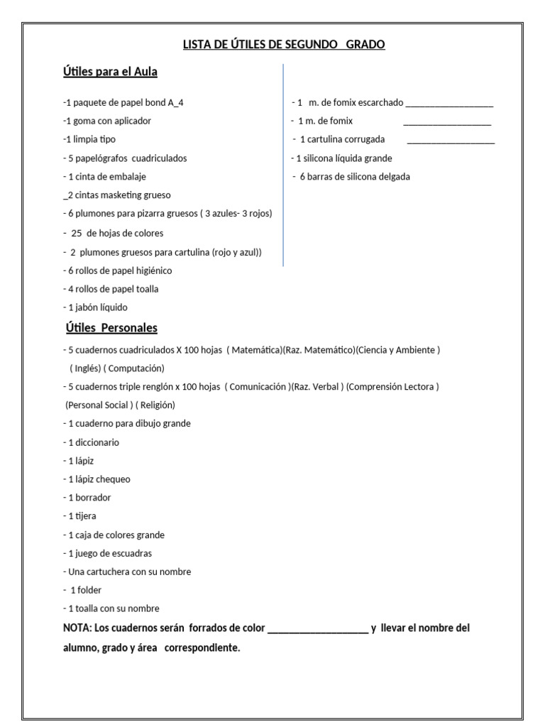 Lista de Utiles Del Segundo Grado | PDF