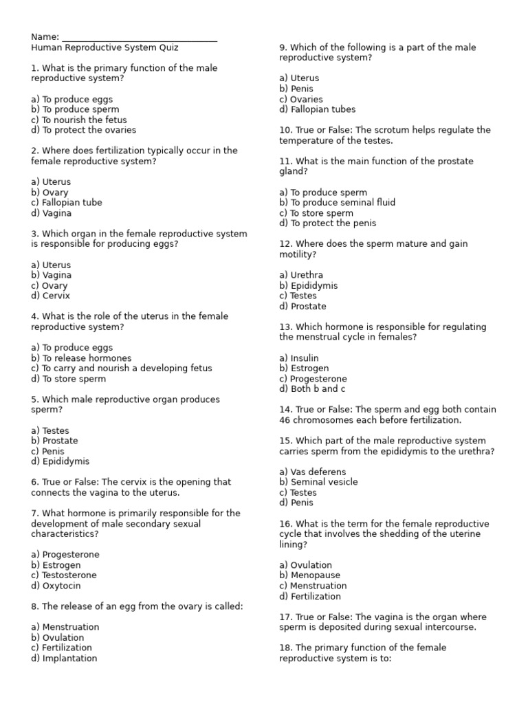 Reproductive System Quiz | PDF | Reproductive System | Menstrual Cycle