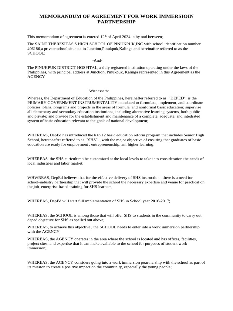 Work Immersion Agreement: SHS Partnership | PDF | Employment | Learning