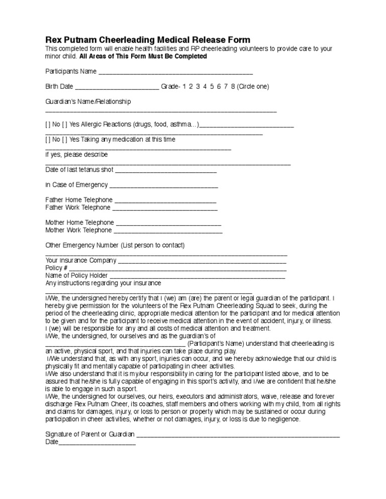 Rex Putnam Cheerleading Medical Form | PDF