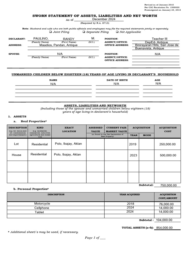 Sworn Statement of Assets and Liabilities | PDF | Net Worth | Financial ...