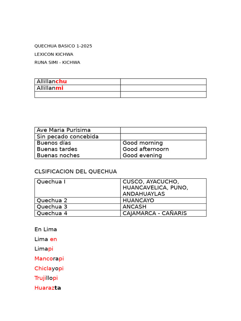 Frases Comunes en Quechua | PDF | Familias de idiomas | Andes