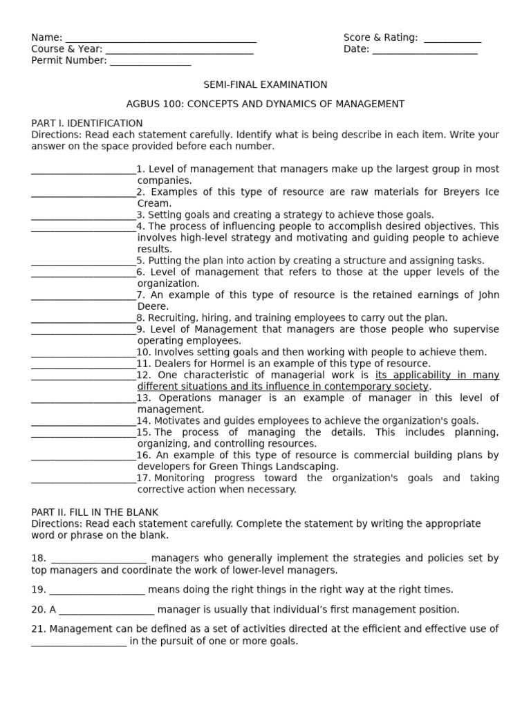 Semi final exam concepts and dynamics of management 2024 pdf goal