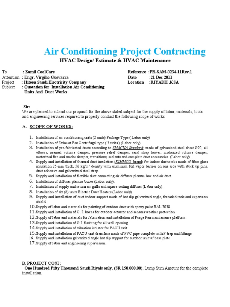 Air Conditioning Installation Proposal | PDF | Duct (Flow) | Building ...