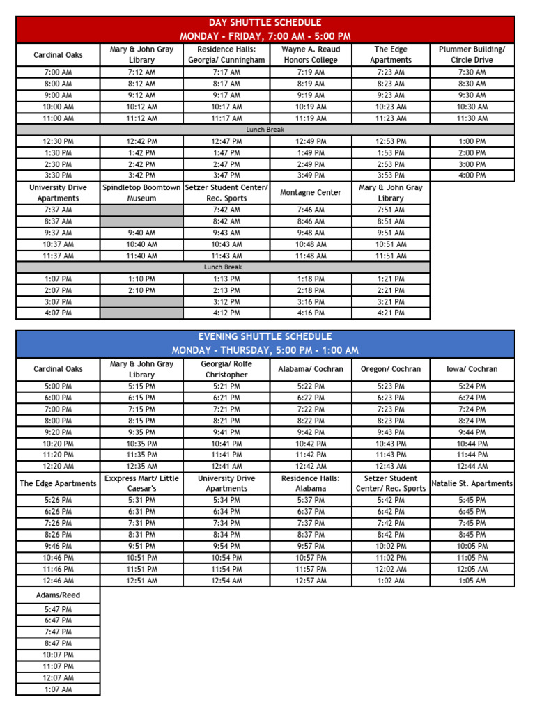 Lamar University Shuttle Schedule | PDF
