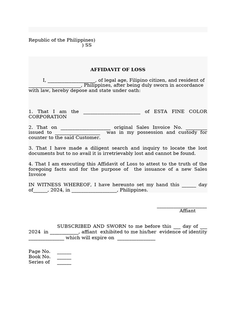 Affidavit of Loss for Sales Invoice | PDF