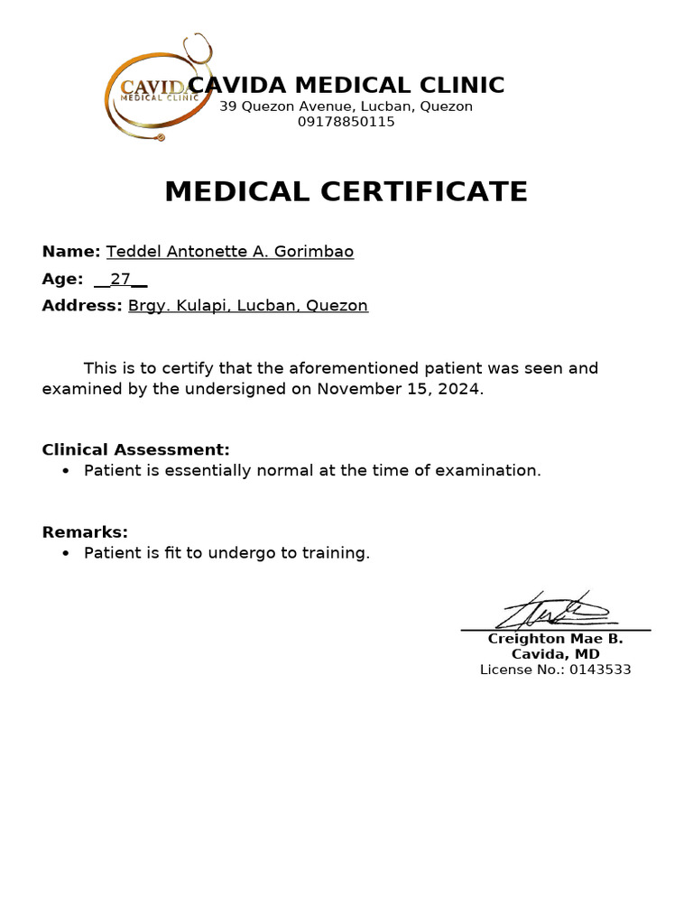 Flu Medical Certificate for Training | PDF