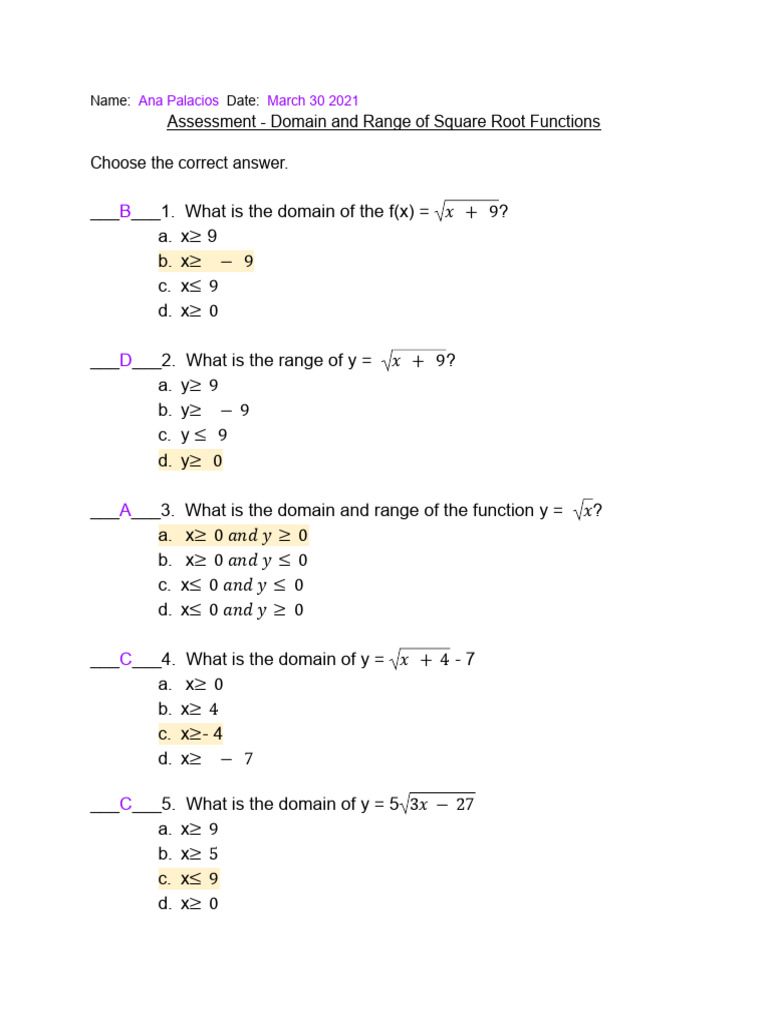 Assessment - Domain and Range of Square Root Functions | PDF