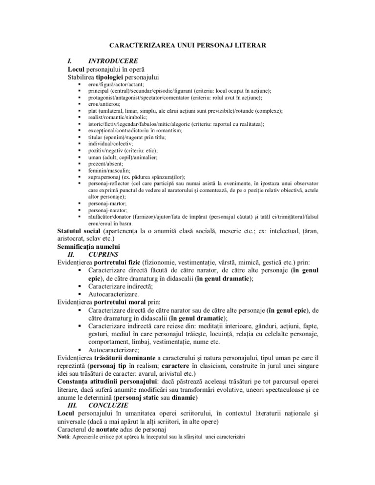 Caracterizarea Unui Personaj Literar | PDF