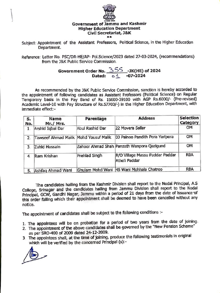 Appointment of Assistant Professor, Political Science, in The Higher ...
