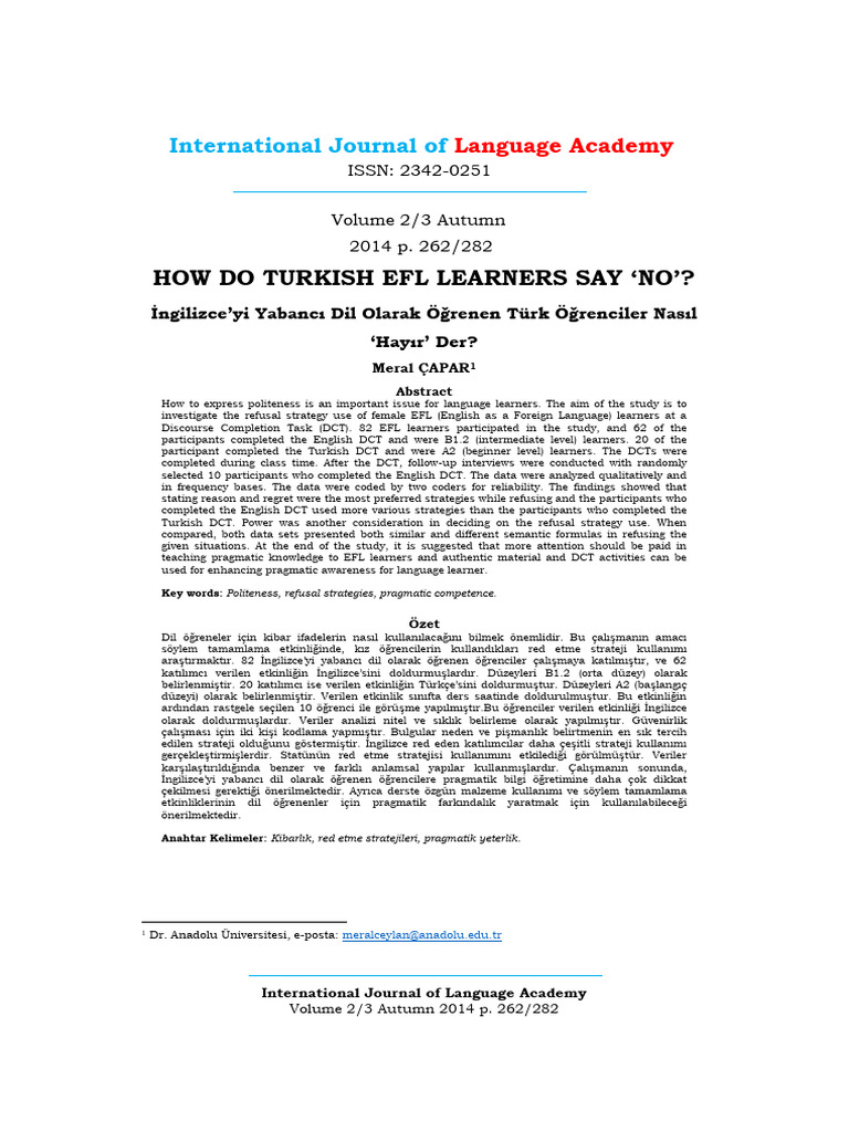 Turkish EFL Learners' Refusal Strategies | PDF | English As A Second Or ...