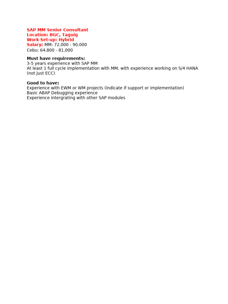 SAP MM Senior Consultant Job BGC | PDF