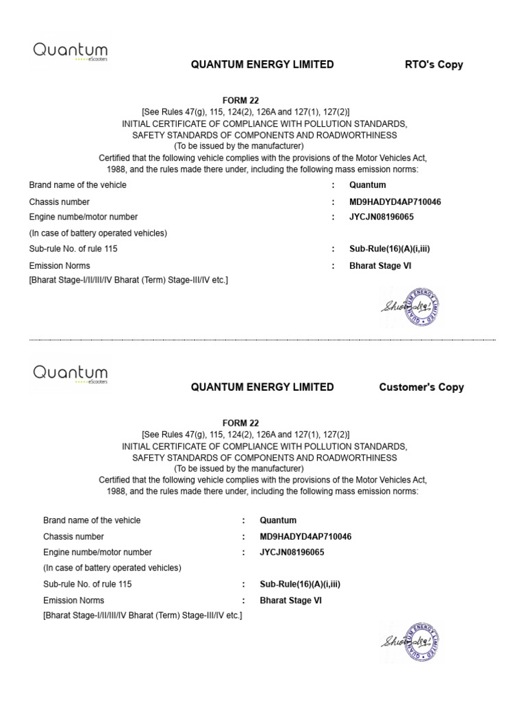 Quantum Vehicle Compliance Certificate | PDF | Vehicles | Transport
