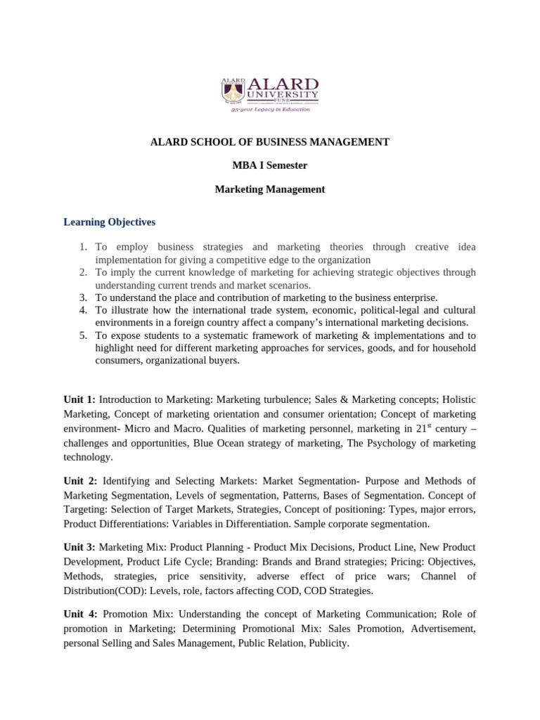 MBA Marketing Management Course Overview | PDF | Marketing | Market ...