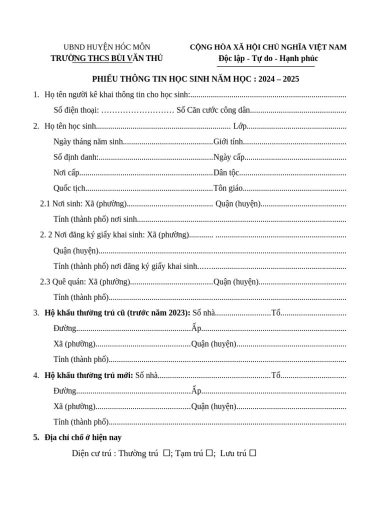 Phieu Thong Tin Hoc Sinh | PDF