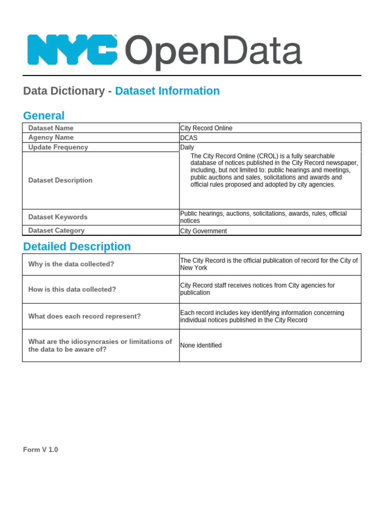City Record Online - Data Dictionary - October 2017 | PDF | Computing ...