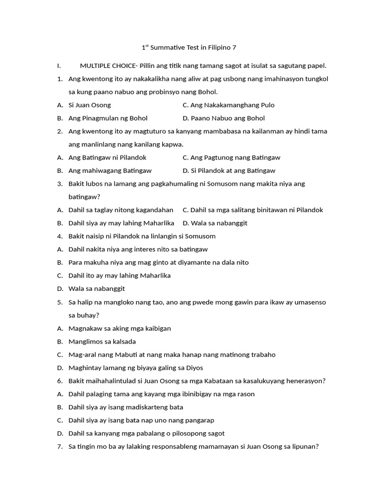 1st Summative Test in Filipino 7 | PDF