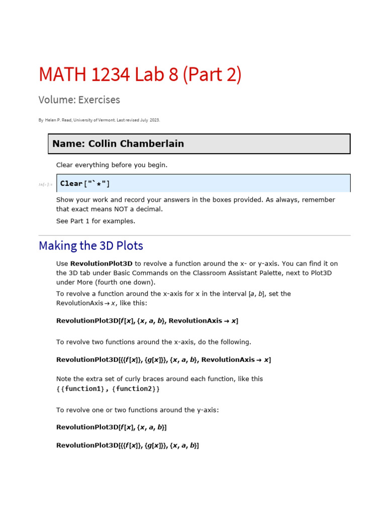 MATH 1234 Lab 8: 3D Plotting Exercises | PDF | Geometry