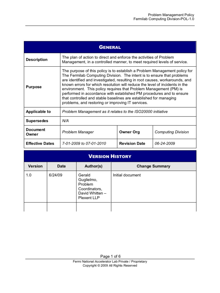 Fermilab Problem Management Policy Version 1 0 Service Level