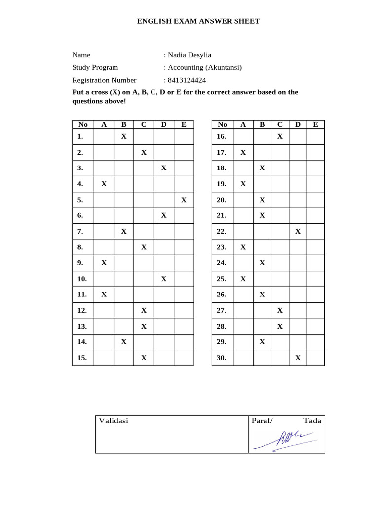 English Exam Answer Key Sheet | PDF