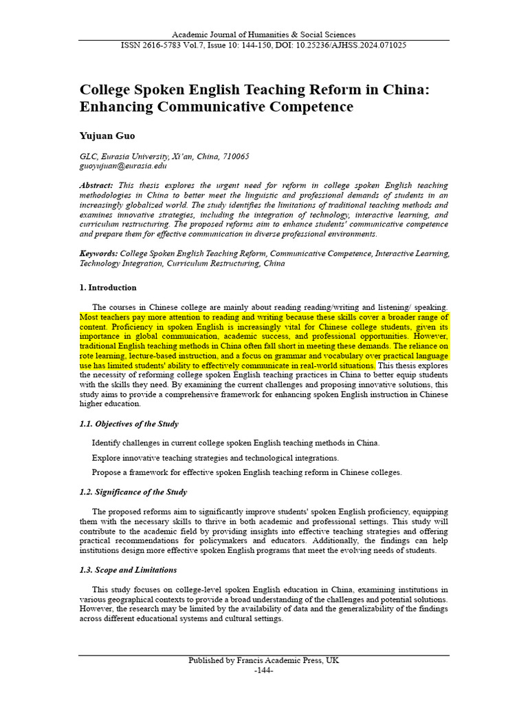 College Spoken English Teaching Reform in China - Enhancing ...