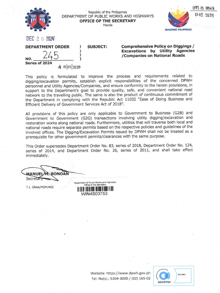 DPWH DO 245 Series of 2024 Guidelines | PDF | Governance | Government